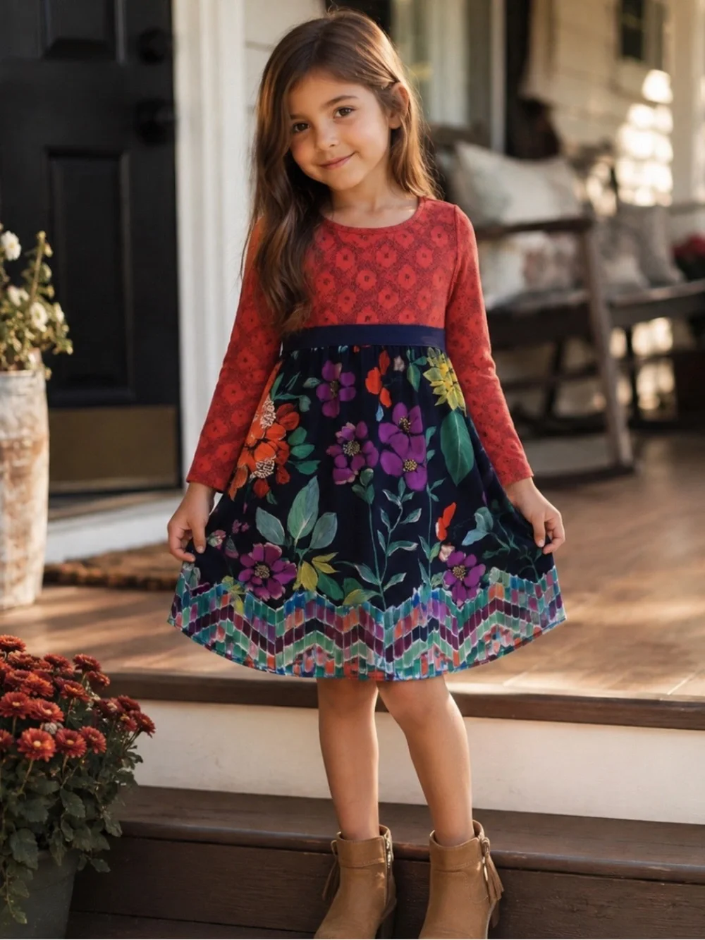 Old Navy Red Top Navy Floral Border-Print Dress
